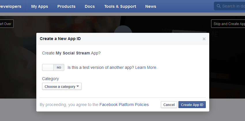 Create New Facebook App